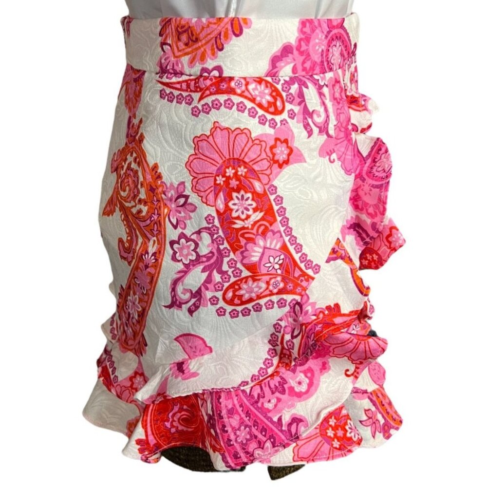 Shein Summer Paisley Ruffle Mini Skirt Size S White Pink & Orange - Picture 3 of 3
